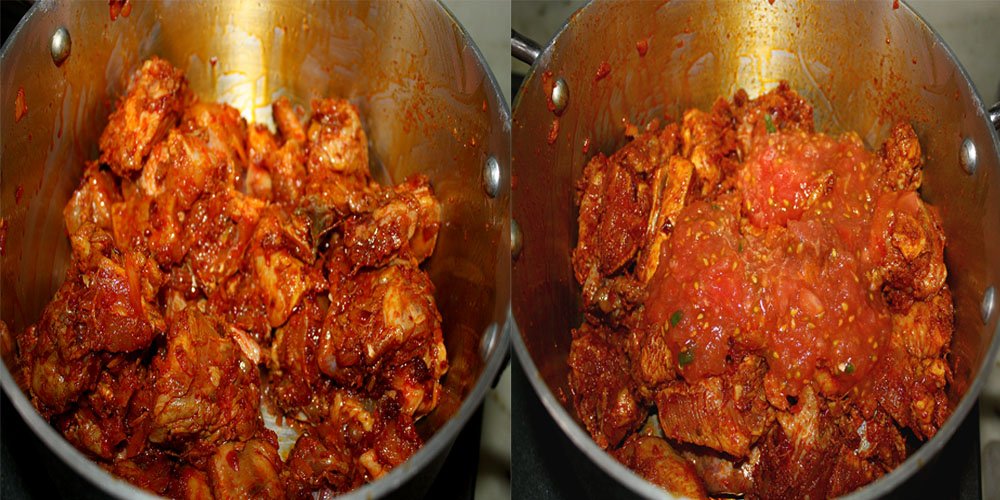 Mixing the chicken and the masalas